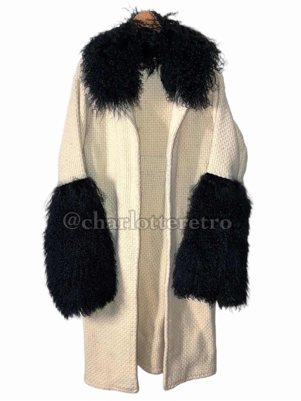 vtg Waffle-Tweed Knit Wool Blanket Coat w Mongolian Fur Trim